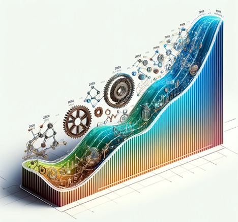 Bar graph with gears going up and to the right.