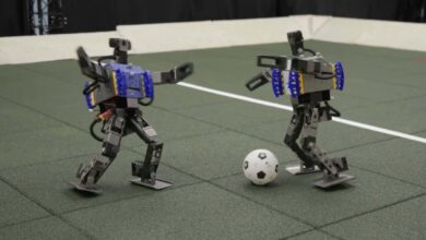 Watch mini humanoid robots showing off their football skills