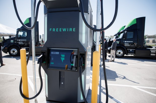 FreeWire Technologies' charging stations seen on Monday, April 22, 2024, in Gilroy, Calif., are used to charge Performance Food Group's electric semi trucks. (Dai Sugano/Bay Area News Group)