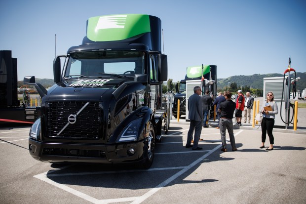 Electric semi trucks made by Volvo are displayed during a Performance Food Group's event, where they showcased their 6 electric semi trucks and electric refrigeration units on Monday, April 22, 2024, in Gilroy, Calif. (Dai Sugano/Bay Area News Group)