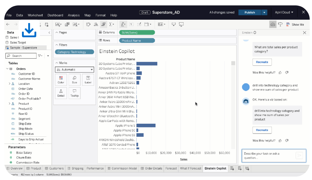 Een screenshot van een computerinterface met data-analysesoftware met een staafdiagram dat de distributie van de productverkoop weergeeft.