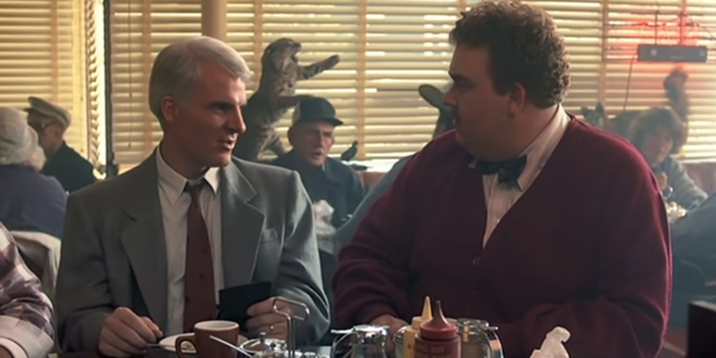 Steve Martin and John Candy in the Planes, Trains, and Automobiles diner scene.