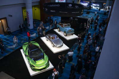 Super luxury vehicles are displayed in the Grand Touring Automobiles' exhibit at the 2024 Canadian International AutoShow, including the Pininfarina Battista, the Zagato Porsche 356 Coupe, and the Himalaya Mariner. (CNW Group/Grand Touring Automobiles)