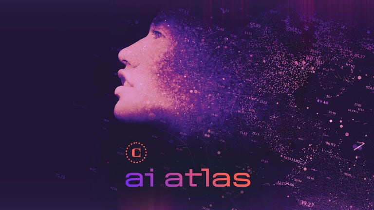 AI atlas logo with a woman materializing from particles of a globe