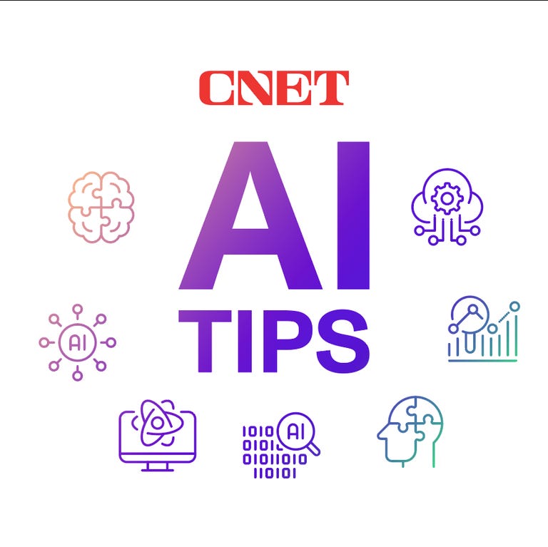 Colorful AI Tips badge, with images of AI-related items