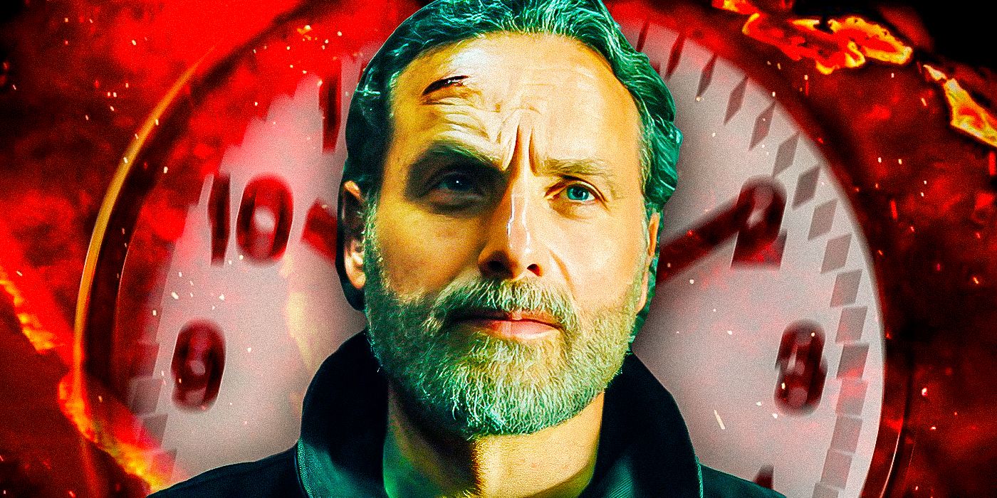 Andrew Lincoln as Rick Grimes from The Walking Dead The Ones Who Live in front of a clock