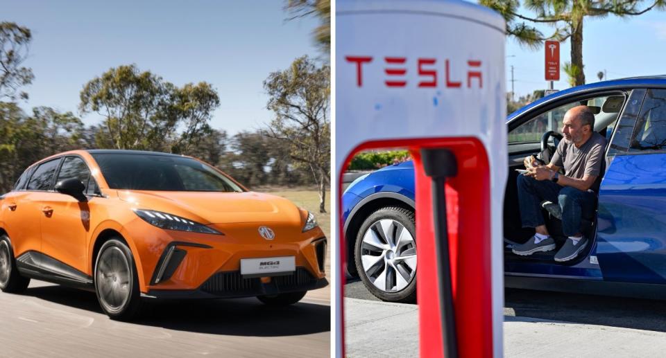 MG4 XPower (left) and man sits in a car near a Tesla car charger (right).