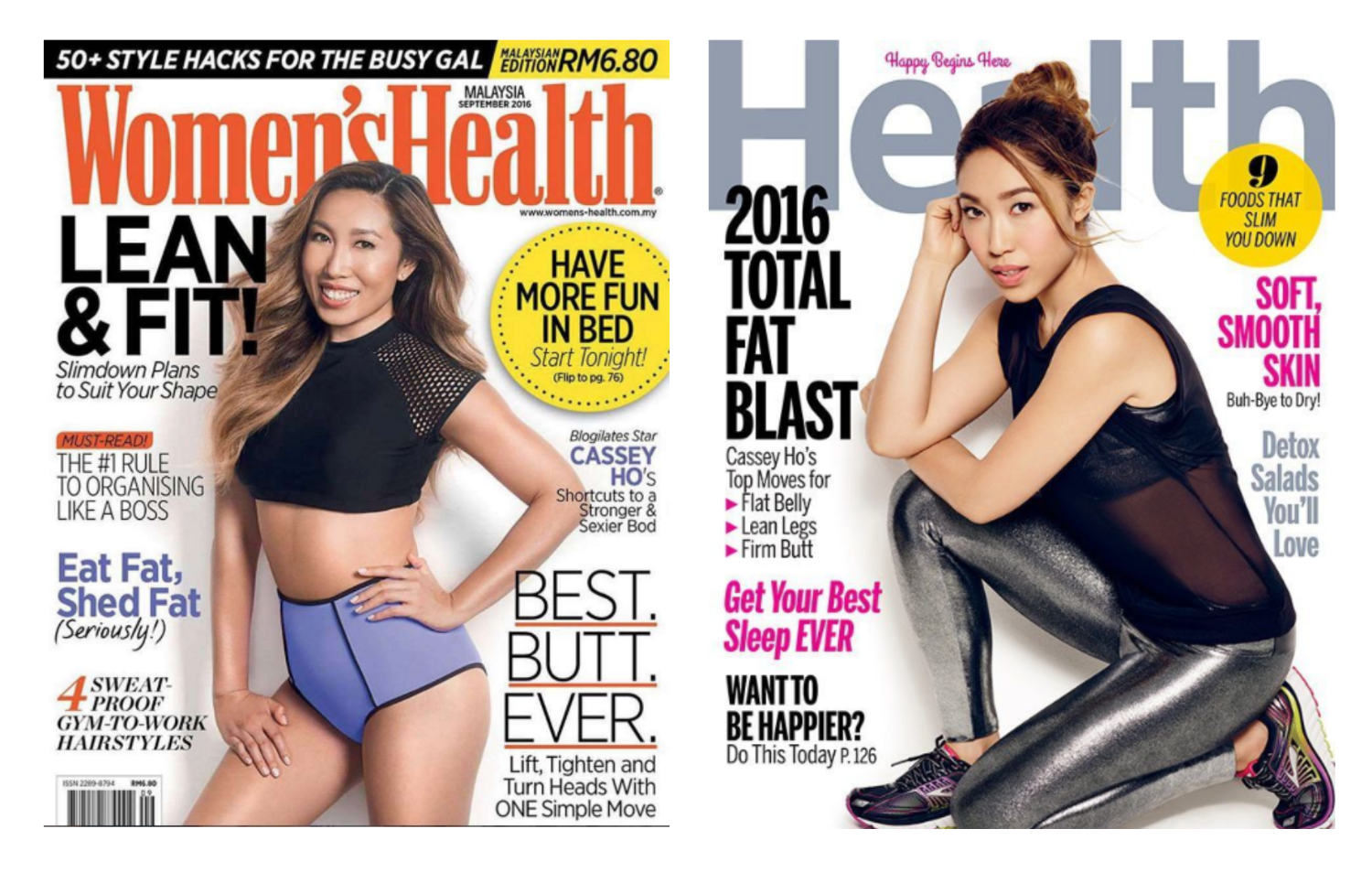 Side by side magazines featuring Cassey Ho on the covers