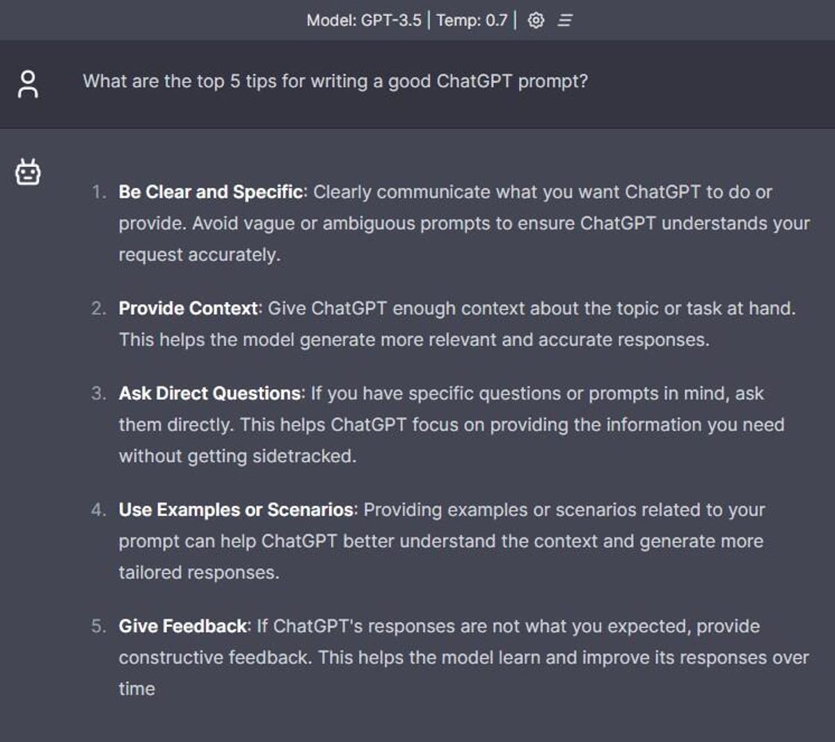 ChatGPT response asking about tips for writing good prompts