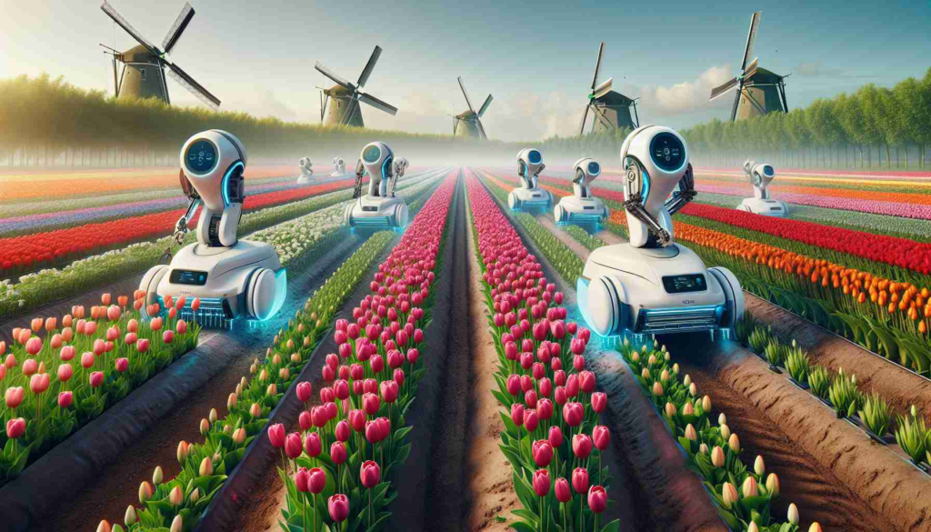 Detailed realistic image of AI-enabled robots in action at a tulip farm in the Netherlands. The robots are multi-functional, sleek in design and equipped with cutting-edge technology for precision farming. They are busily engaged in various tasks such as pollination, weeding, pruning, and harvesting vibrant colored tulips in a lush field filled with rows upon rows of tulips under a clear blue sky. Include close-ups of the robots interacting with individual tulips, showing the precision and care taken in the work. The background portrays windmills in the distance, adding to the Dutch landscape.