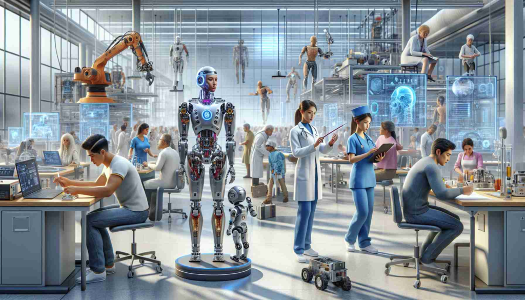 An ultra high-definition realistic image showing a scene from a speculative future year 2024 where humanoid robotics have advanced significantly. Depict a variety of humanoid robots performing different tasks such as engineering work, medical procedures, and educational teaching. Include humans of various descents and genders interacting with the robots - a Middle-Eastern female nurse working with a robot in a hospital, a Hispanic male teacher learning new techniques from a robot in a school, a South Asian female engineer giving instructions to a construction robot. Showcase a dynamic, fast-paced world with innovative technology paving the way.