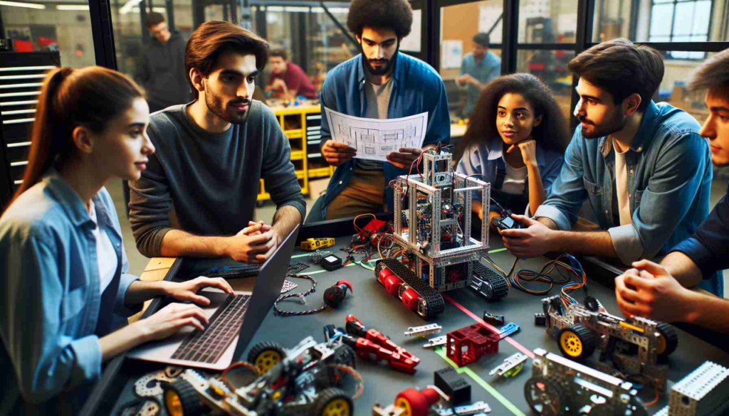 High-definition, realistic image of a robotics team based in Florida preparing for an international challenge. The image should depict a diverse group of team members - a Middle-Eastern female with her eyes focused on a robot, a Hispanic male who is programming a laptop, a African female holding a blueprint and discussing it with a Caucasian male. All are surrounded by a variety of robotic parts and tools on a workbench. The setting is a well-equipped robotics workshop.