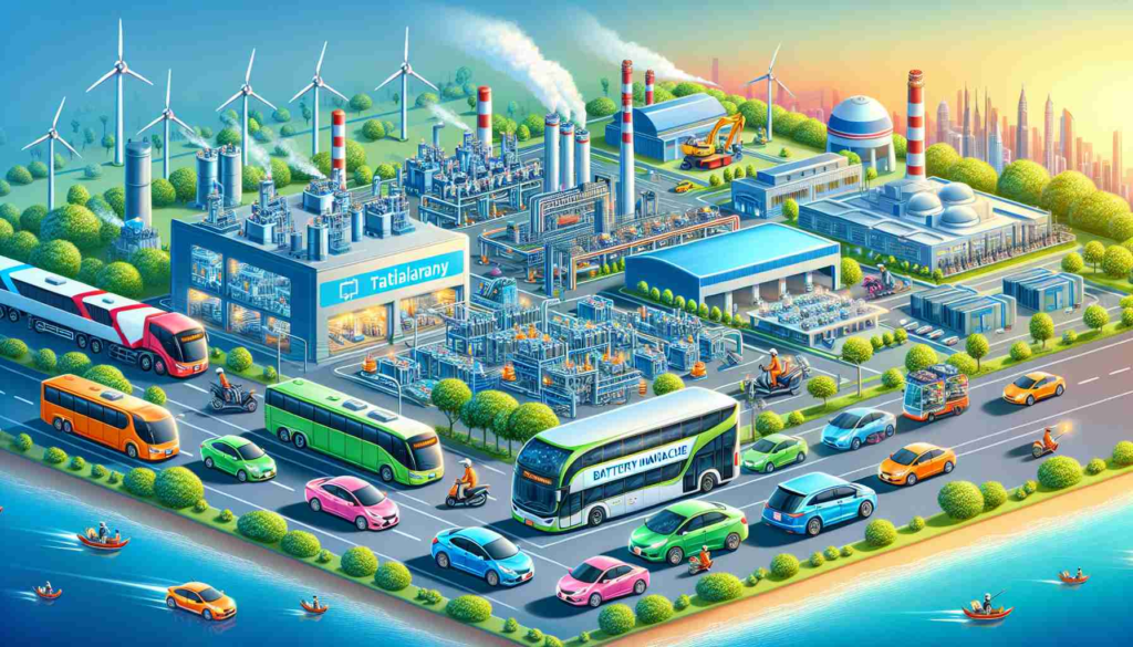 Realistic image depicting a scenario in Thailand in which the country is making significant strides towards electric vehicle mastery. Include representation of complete battery manufacture, with factories producing state-of-the-art electric batteries. Also, display various types of electric vehicles, both small personal cars, and larger public transport like buses. Use bright colors to reflect the vibrancy of Thailand's culture and environment.