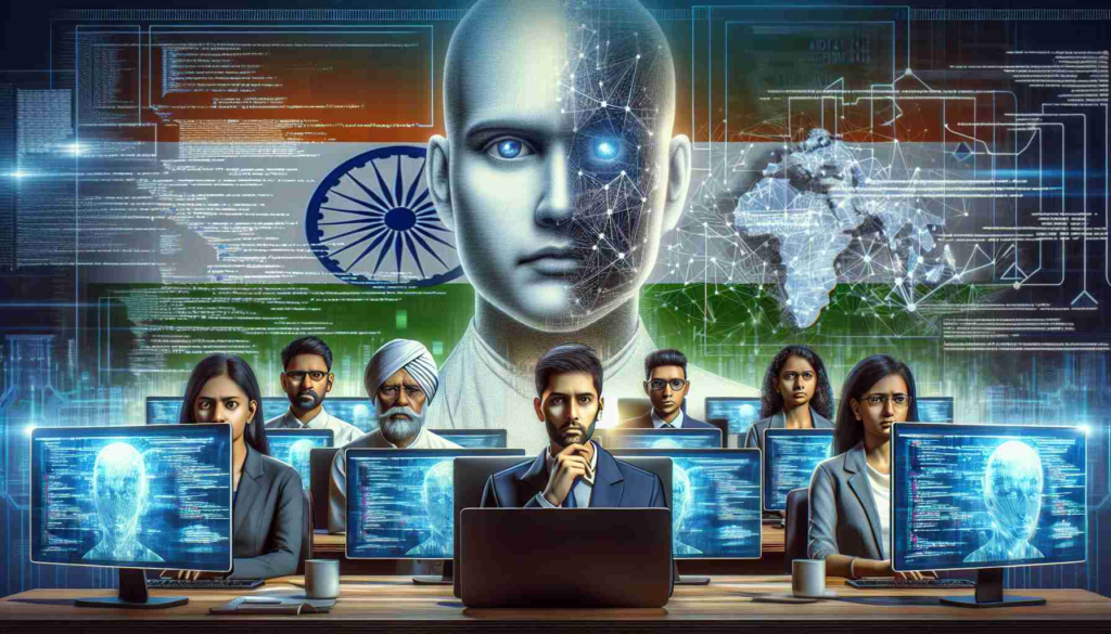 A high definition, realistic image representing the concept of severe shortage of cybersecurity talent in India, with elements of AI-driven defense strategies. The image should highlight a diverse group of South Asian male and female cybersecurity professionals with concerned expressions, in front of computer screens showing complex code or cybersecurity frameworks. The background could feature a stylized representation of AI, perhaps a neural network. Also include aspects that symbolize India, such as the Indian flag or notable architectural features.