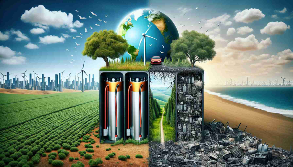 Generate a realistic, high-definition image that metaphorically represents the environmental impact of electric vehicle batteries. Picture a set of electric vehicle batteries with symbolic visual cues such as a tree struggling to grow amidst a barren land on one side, contrasting with a flourishing forest on the other. Additionally, the batteries could be connected to a hemisphere, half of which is a thriving green environment, while the other is filled with industrial waste and pollution, displaying the dichotomy between technological progress and environmental degradation.