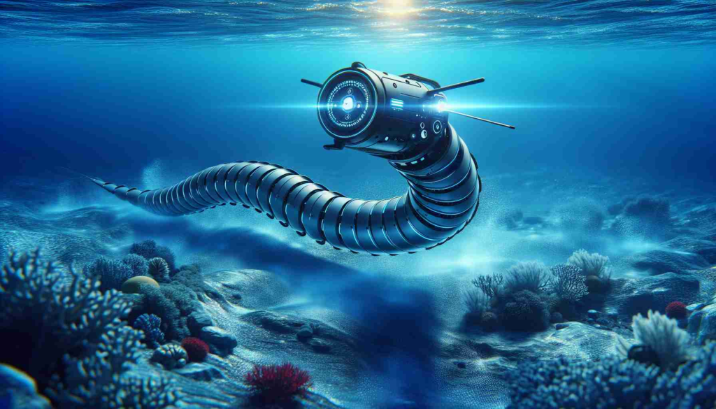 Depict a detailed, high-definition image showing an advanced piece of underwater exploration technology in the form of a robotic snake. The machine is designed with sleek, segmented body parts, allowing it to move smoothly through the water, mimicking the movements of a real serpent. Highlight how the device is deploying and operating in deep, blue ocean, touching upon the textures and colors of the underwater environment, the glimmers of light filtering from the surface, and the marine life reacting to its presence. Please note this is a non-existant, fictional invention.