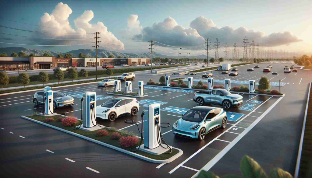 A highly detailed and realistic image depicting the state of Illinois investing in electric vehicle infrastructure. The scene should include over 600 new charging ports spread across the area. They should be set in convenient and sustainable locations, such as parking lots, shopping centers, or parks. Add the various types of electric vehicles, from family cars to commercial vehicles, utilizing these charging ports. There should be some portable charging units as well. The environment should project cleanliness and modernization, with clear skies and lush greenery in the background.