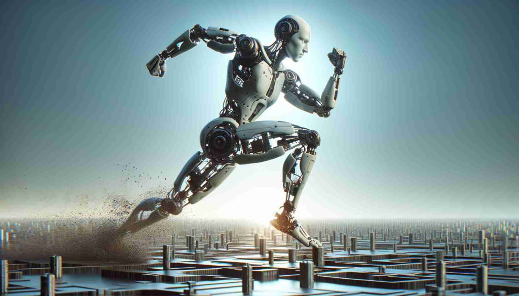 Generate a highly detailed, realistic image showcasing Digit, a humanoid robot developed by Agility Robotics. The image should depict the robot in the middle of a demonstration, illustrating its notable endurance capability. The robot is overcoming a minor obstacle or setback in its path, a testament to its superior design and adaptability.