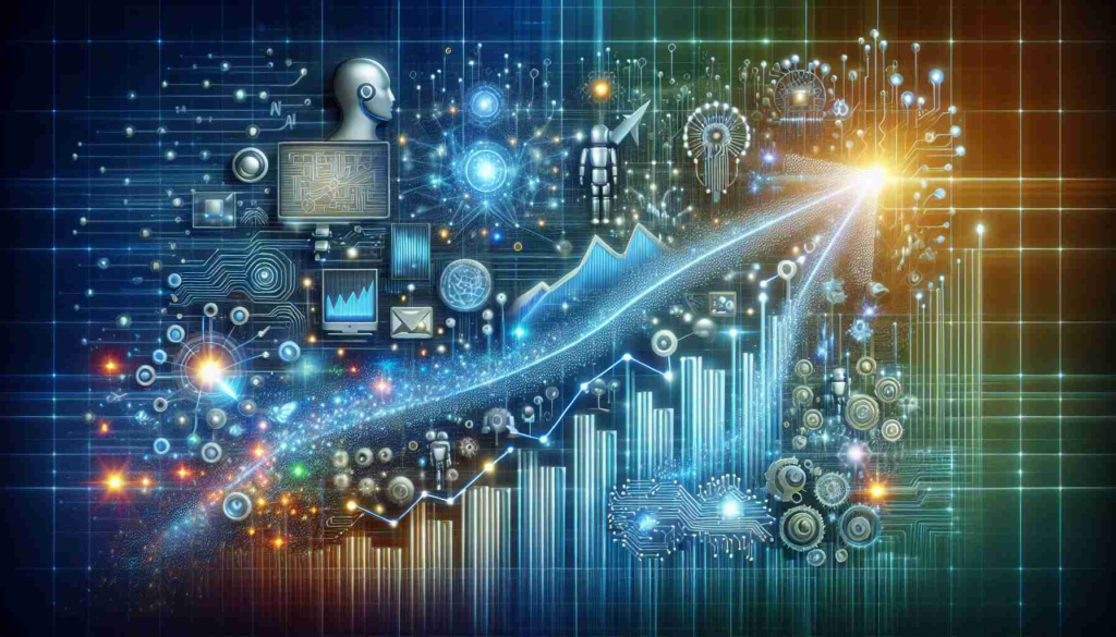 Realistic, high-definition image representing the booming AI industry reshaping our future. Picture the exponential growth of artificial intelligence investments as a rising graph chart soaring upwards, with various AI-related symbols interweaved into the pattern, like neural networks, robots, and computer chips. The background contains shades of technology-oriented colors such as blues, silvers, and cyans for a futuristic atmosphere. Also incorporate some golden hues to depict the wealth accumulation from these investments.