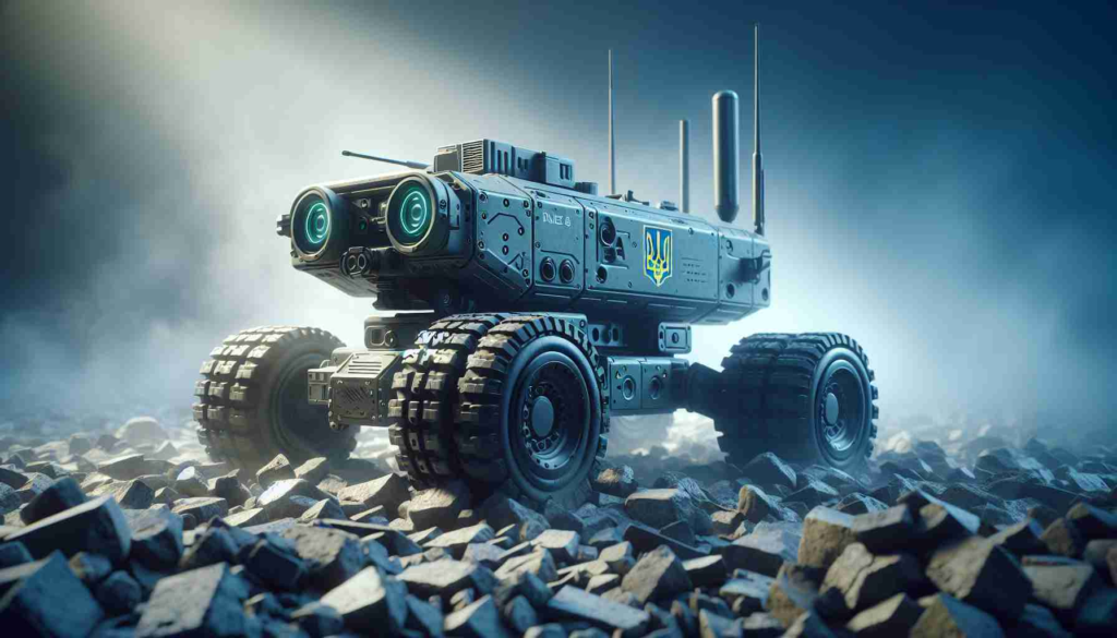 High-definition, realistic illustration of the Ukrainian military integrating technological advances in their operations, symbolized by the deployment of a namesake Ratel S unmanned ground vehicle (UGV). This small, remotely controlled mobile platform with large wheels, could be set in a warzone scenario, navigating rocky terrain or navigating through debris, representing their growing capabilities in robotic warfare. Please avoid involving humans in the scene to respect the guidelines.