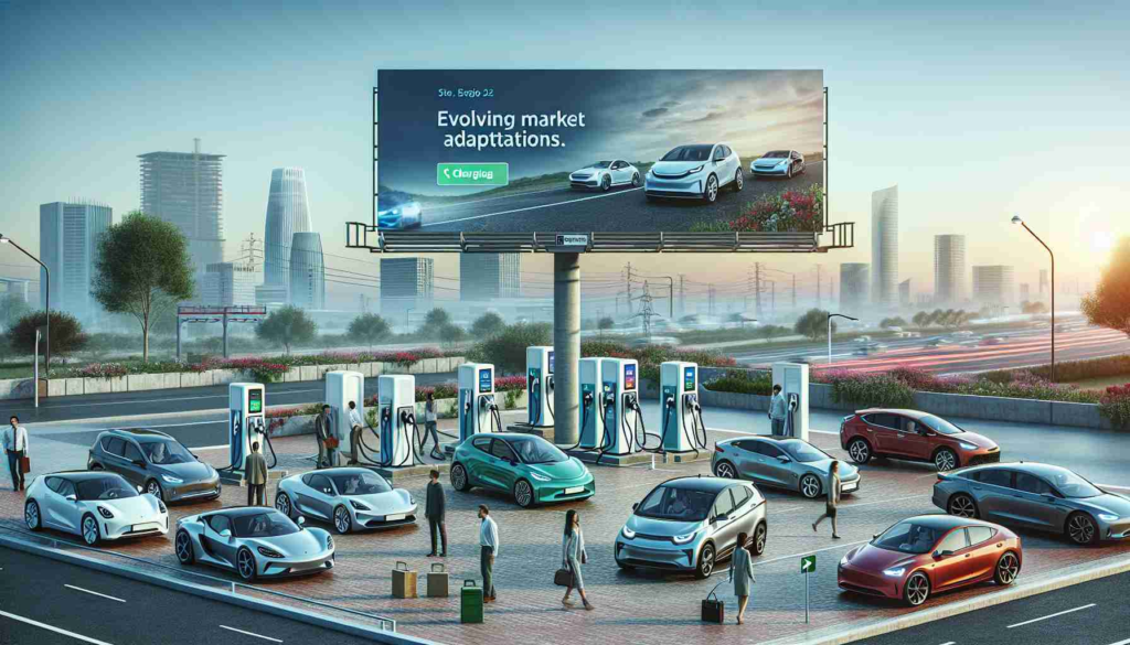 A high-definition, detailed and realistic scene depicting the rising influence of electric vehicles. The image should include different models of electric cars parked in a charging station with multiple charging ports. Nearby, a billboard showcases evolving market adaptations, such as an advertisement for an app for finding charging stations. People of various descents and genders should be scattered around, expressing interest and curiosity about the electric vehicles. The background should subtly hint at positive environmental changes like clear, blue skies, healthy trees, and renewable energy sources.