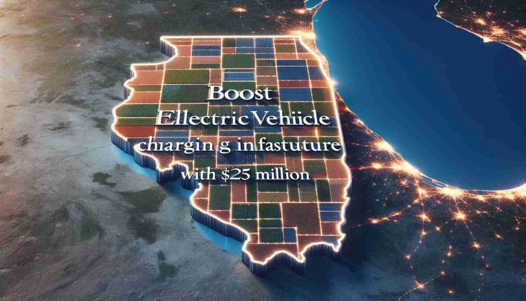 A high-definition, realistic imagery of the state of Illinois, overlaid by text in elegant font that states 'Boost Electric Vehicle Charging Infrastructure with $25 Million Investment'. The image could depict some of the state's characteristic features, like vast farmlands, vibrant cities, or the scenic Lake Michigan coastline.