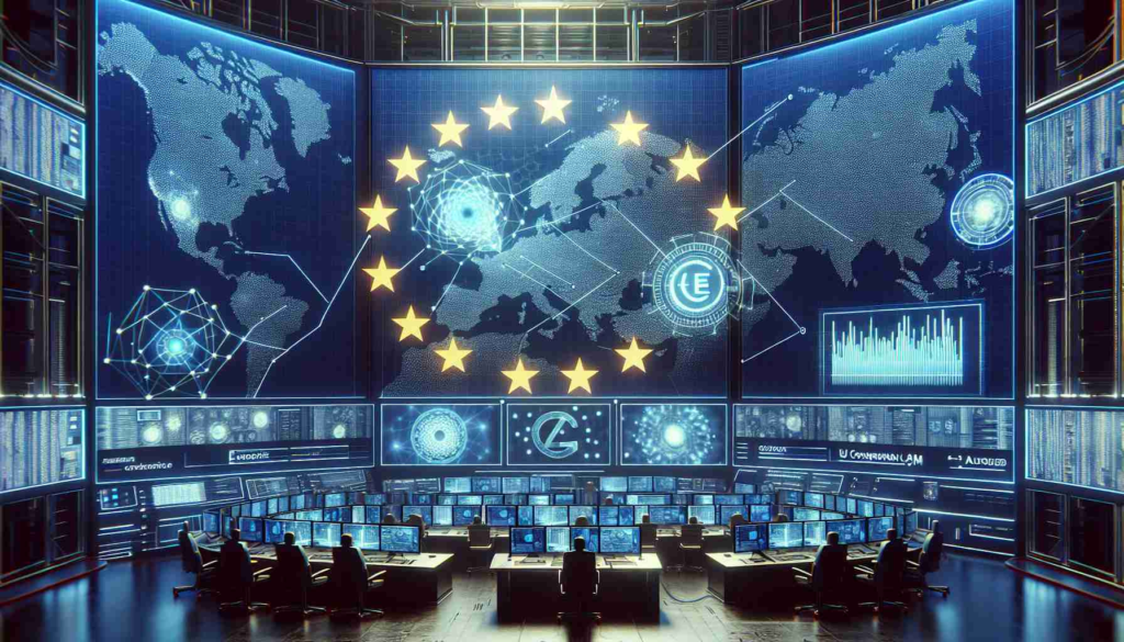 Generate a realistic HD photo that represents the concept of the European Union's shift towards quantum-resistant cybersecurity. The image should include symbols of both the European Union and cybersecurity, such as a futuristic command center with screens displaying advanced encryption algorithms and quantum computing diagrams. Intertwine these elements with iconic symbols of the European Union such as a map highlighting its member countries and their connectivity or a stylized version of the EU logo.