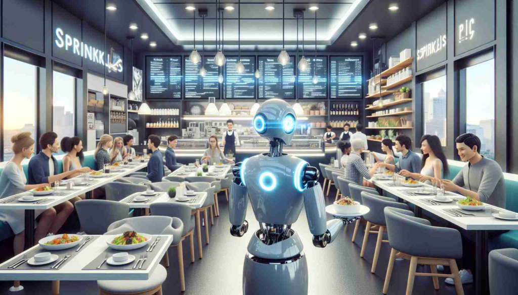 A high-definition realistic scene depicting the emergence of robotic waitstaff in a restaurant named 'Sprinkles' located in Virginia. The restaurant interior should be filled with modern technology, focus on a robot serving dishes to a diverse group of patrons. The robot should be of grayscale color, shifting towards the blue spectrum, stylized with bright luminous 'eyes' and a sleek, friendly design. Include details like other customers, a well-decorated interior, fancy dishes, and electronic menu boards with Virginia's iconic landmarks in the background hinting at the geographical location.