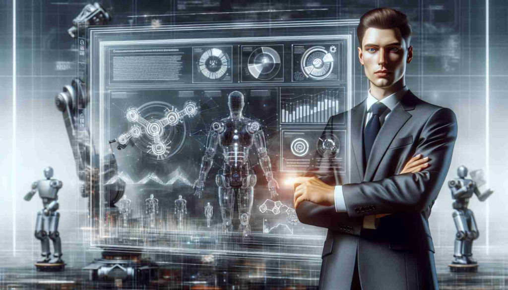 A detailed, high-resolution image representing the concept of an executive (whose appearance, gender and race are fictional and not based on any real person) from a large, unnamed eCommerce company addressing misconceptions about job losses due to advancements in robotics and automation. The executive stands proudly, confidently explaining their point of view using charts and graphs on a clear and interactive digital display behind him. The background includes robotic machinery that symbolizes the advancements in technology, ensuring no reference to any specific company.