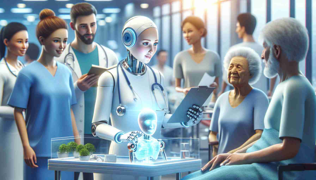 Imagine a highly realistic HD image showcasing the advent of robotics in the healthcare sector. The picture is of an innovative futuristic scene where robotic healthcare professionals are interacting with patients in a hospital setting. There's a humanoid robot with a white coat and a stethoscope working diligently, its face illuminated by a soothing blue light which gives an air of calm and assurance. Another robot examines a medical chart, showcasing its ability to comprehend complex medical information. Patients of diverse descents and genders are noticeable in the image, all seemingly at ease with this technological advancement while expressing a variety of emotional responses.