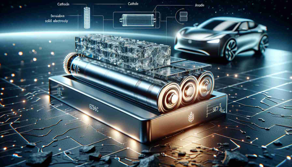 A highly detailed and realistic image showcasing the next leap in electric vehicle technology: solid-state batteries. The image should portray cutting-edge lithium-ion solid-state batteries that promise higher energy density, improved safety, and faster charging times than traditional batteries. Alongside the battery, there's a schematic diagram describing its layers: cathode, solid electrolyte, and anode. The scene should convey innovation and advancement in clean energy technology.