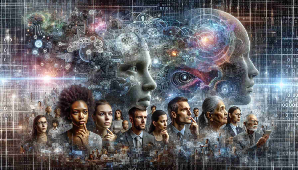 A realistic, high definition image representing the complexities of defining artificial intelligence and the varying public perceptions. It includes a multitude of intricate cognitive graphics embedded with algorithms and neural network designs. On one side, embody a group of diverse individuals: a young Black woman contemplating, a middle-aged Caucasian man questioning, and an elderly South Asian woman critically analyzing the exhibits. Include digital data streams flowing between them, symbolizing the exchange of ideas and opinions. The background fades into a dense array of binary codes representing the digital world we co-exist with.