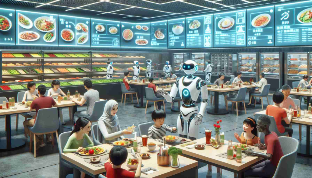 A High-Definition, realistic scene showing an innovative robotic restaurant in China. Droids dynamically move around the dining area, attending to customers' needs. A robotic waiter delivers freshly prepared food to a family's table. Commensurate technology is seen with touchscreen menus and AI guidance for food ordering. In the background are state-of-the-art kitchen facilities where machines and automated systems prepare a variety of cuisines. Some of the customers include a Middle-Eastern woman with her two children and a Black elderly couple enjoying their meal, depicting a mix of descent and gender amongst visitors.