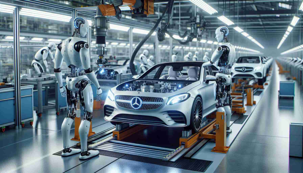 High definition, realistic image of humanoid robots being integrated into manufacturing processes in a car factory, working particularly on a high-end, luxury automobile brand such as Mercedes-Benz. The robots are seen aiding in assembly line tasks, efficiently completing intricate tasks on a car model. The setting is industrial, with machinery, high-tech equipment, and car components evident in the backdrop.