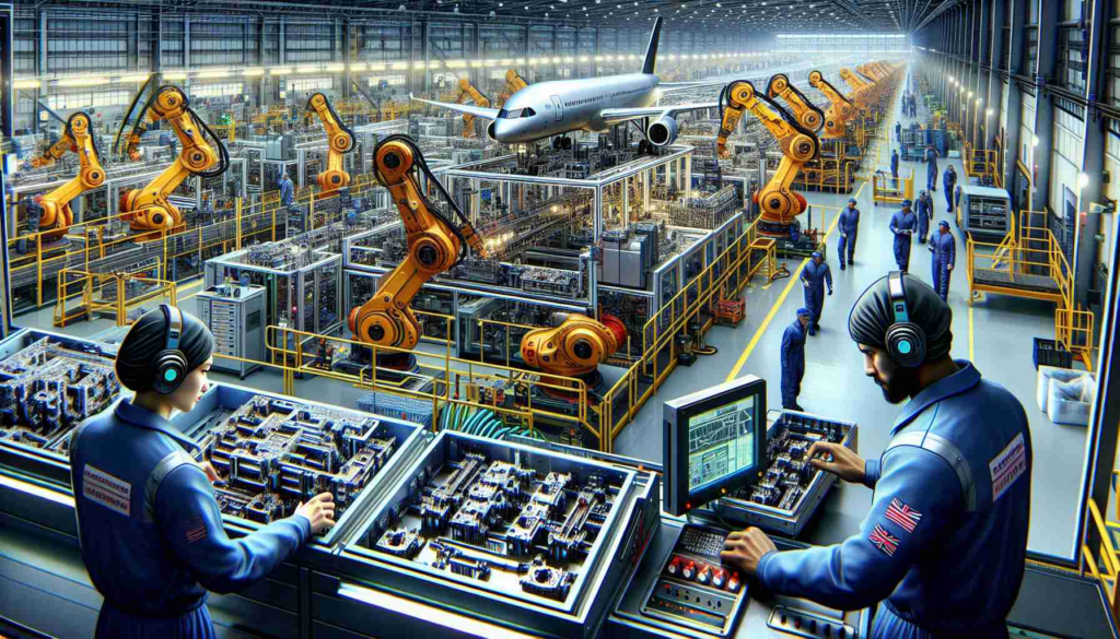 An HD-like illustration of a vast high-tech assembly line situated in the UK, featuring large-scale robotics actively involved in the aerospace manufacturing process. Machines with precise movements assemble an array of complex aircraft components in a fastidious manner. The setting is thoroughly industrial, with brightly lit machines in high contrast against a darker surrounding environment. Workers sporting safety gear, a South Asian woman and a Black man, monitor the activity closely, inputting commands into high-tech control panels. Their expressions are focused and engaged, reflecting their important responsibility in this substantial operation.