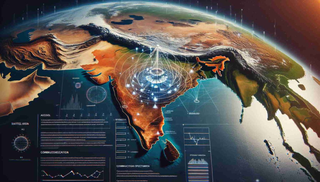 A high-definition realistic photo of India seen from space, focusing on its geographical features. Overlay the image with a semi-transparent layer representing satellite communication spectrum allocation. Additionally, include text notes and diagrams that summarize the insights derived from the communications discourse of notable organizations within the telecommunication sector in India.