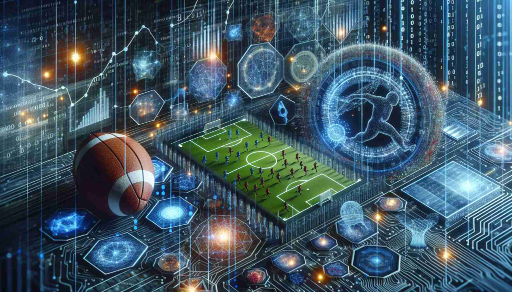 A high-definition, realistic image depicting the rising influence of artificial intelligence in sports analytics. The image could show a mesh of sports-themed data points and AI algorithms. The algorithms could be represented graphically, as mathematical symbols or patterns of light, interacting with sports data which could include diverse sports elements such as a football, a running track, a basketball hoop, and a baseball diamond. In the background, an abstract representation of technology such as binary codes and circuit board patterns.