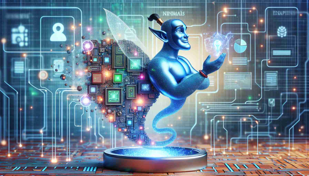 Generate a high-definition, photorealistic image depicting a whimsical, digital 'genie' entity joining an emblematic representation of a technological inception program, symbolizing the enhancement of data analytics through the power of artificial intelligence.