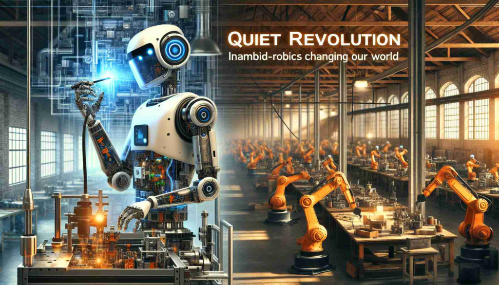 Create an HD image showcasing the Quiet Revolution symbolized by robotics changing our world. In the foreground, have an industrial robot with high precision carrying out detailed work, perhaps assembling intricate machinery. Enhanced with technology like AI and sensors, it works seamlessly. Contrast this with the background showing a classic factory scene with old, traditional manufacturing procedures. Infuse the stark difference between the technology-rich robotic domain and the labor-intensive traditional way of performing tasks.