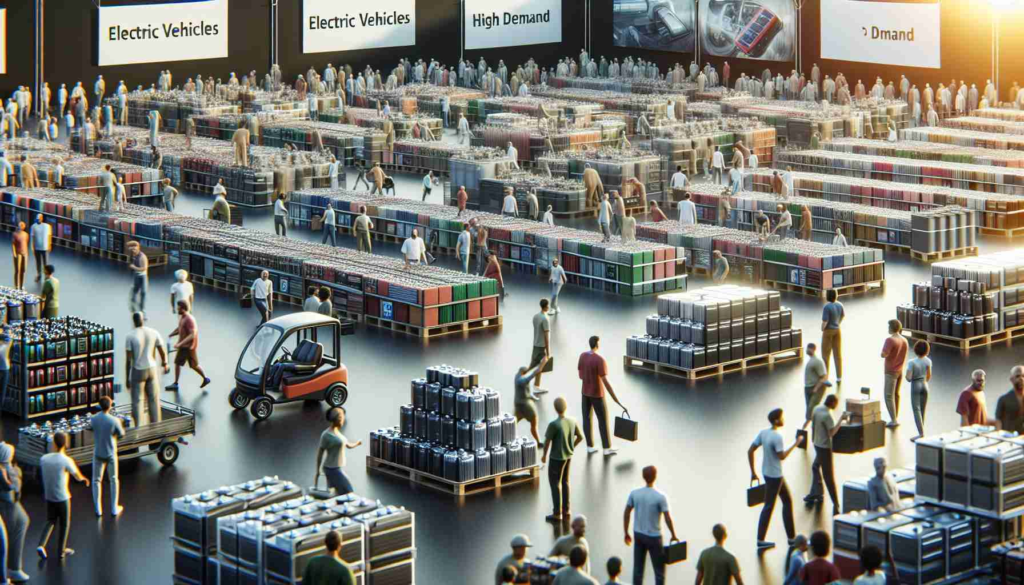 A realistic HD photo showcasing a bustling battery market scene, with people of diverse descents and various genders actively trading and purchasing batteries. This demand is driven by the surge in electric vehicles. Stacks of batteries varying in sizes and types are visible, which is symbolic of the growing need. In the background, we see banners indicating 'Electric Vehicles' and 'High Demand', subtly hinting at the industry's current status.