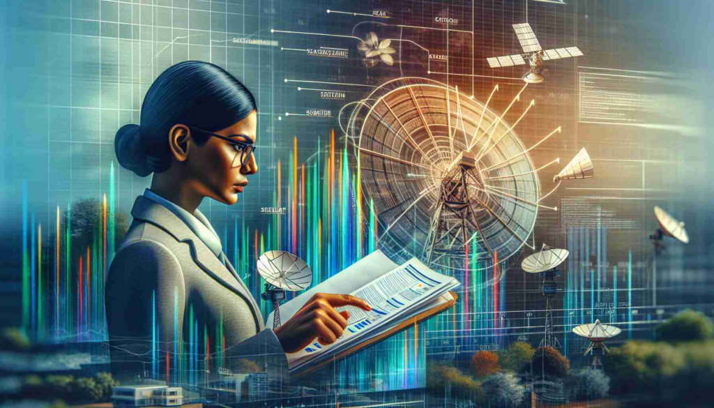 Realistic high-definition image of a representative from India's Department of Telecommunications seeking insight on satellite communication spectrum allocation. The image may include elements such as a person of South Asian descent referencing dense technical documents, a satellite dish reflecting the theme of satellite communication, and symbolic representations of spectrum allocation such as color-coded charts or graphs.