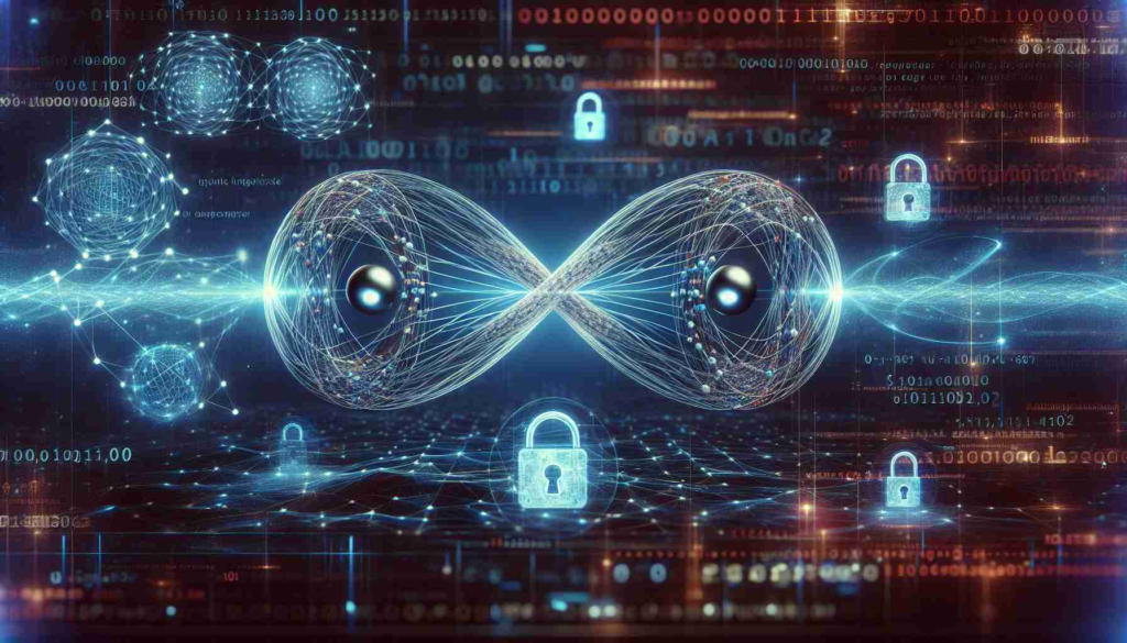 A detailed, high-resolution image demonstrating the concept of quantum entanglement. The visualization should include two entangled particles at a distance, represented in a stylistic yet understandable form. Furthermore, the backdrop should symbolize 'cybersecurity', which could be exemplified by the imagery of abstract digital locks, shields, lines of secure codes, and a futuristic encrypted network. The overall aesthetic maintains an advanced, scientific theme to fit the nature of quantum computing and its implications for future cybersecurity.