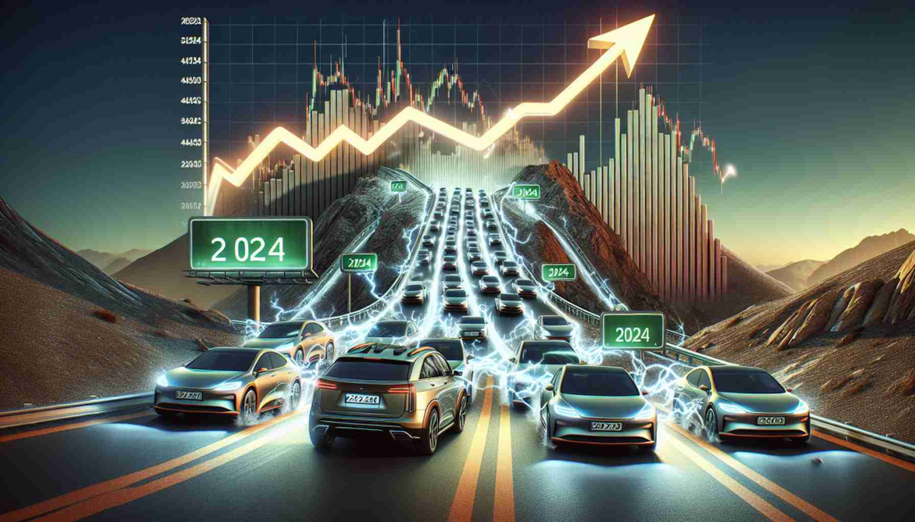 A realistic HD photo depicting a metaphorical illustration of soaring electric vehicle sales in 2024. The scene shows a multitude of electric cars traveling up a sharply inclined road, leaving behind a trail of dust and lightning bolts to represent the high demand for batteries. The backdrop is a stock market graph, soaring upwards to symbolize highs in sales. The year 2024 is prominently displayed on a roadside billboard. All components should be expertly mixed to create a cohesive image. The color palette should revolve around earthy tones and metallic hues.