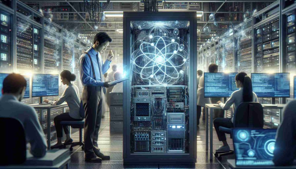 A high-definition, realistic portrayal of the revolutionary process of integrating quantum technology into cybersecurity. The scene captures a bustling technology lab filled with advanced computing systems and network devices. An Asian male scientist is working at the quantum computer, illuminated by the soft glow of the machine. There's a holographic screen in front of him displaying complex algorithms. Nearby, a Middle Eastern female cybersecurity specialist is analyzing data on another holographic screen, actively engaged in safeguarding the systems. The overall theme emphasizes a futuristic, technologically advanced setting.