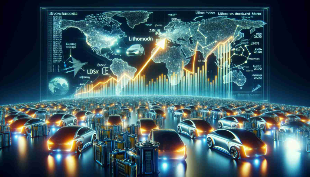 Generate a high-definition realistic image that portrays the boom in the lithium-ion anode market that is triggered by the revolution of electric vehicles. The image should include the visualization of increasing graphs, clusters of electric vehicles that signify the revolution, and numerous lithium-ion batteries to represent the thriving anode market. In the background, display the world map to show the global impact of this tremendous growth. The atmosphere should portray the excitement and enormity of this transformation.