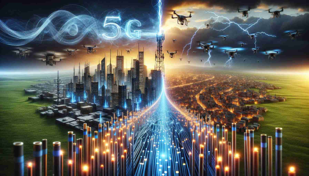 An HD image reflecting the concept of a looming decision between two advancements in telecommunications: 5G technology and fiber optics. It can depict a realistic and futuristic landscape divided in half, one side illustrating a cityscape highly transformed by the 5G revolution with communication tower, glowing waveforms, and a swarm of drones, while the other side maintains its reliance on fiber optics, shown by bundles of light-transmitting cables running underground and light pulses coursing through them signifying data transfer. The contrast between the two demonstrates an ongoing debate in the world of technology.