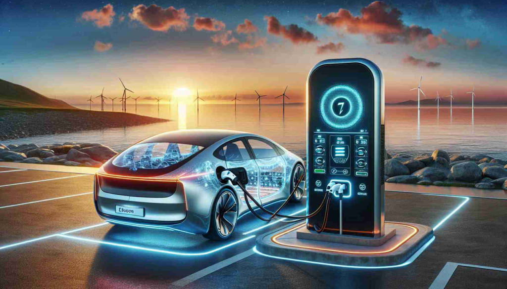 A highly detailed, realistic image of a futuristic horizon, showcasing improvements in electric vehicle charging. The scene contains an electric vehicle plugged into an advanced charging station. There could be visible indicators showing faster charging speeds and enhanced efficiency, perhaps LED lights or digital screens. The backdrop should include a stunning sunset on the horizon, symbolizing the bright future of electric vehicle technology. Note that the location of the charging station could either be in a typical urban setting or at a more isolated, scenic spot.