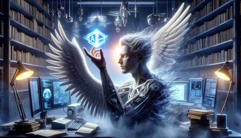 A hyper-realistic, high-definition representation of a symbolic figure that embodies the fusion of human scientific curiosity and the power of Artificial Intelligence. The figure is human-like, with wings spread wide, symbolizing freedom and vision. He gazes intently at a light in his hand - a glowing AI cubic symbol, suggesting a partnership between man and machine in exploring scientific discoveries. The background is a modern lab filled with electronic equipment, computer screens displaying complex data, and shelves of ancient books, expressing the accumulation of human knowledge. Fog leaks out from the AI cube, creating a mysterious atmosphere.