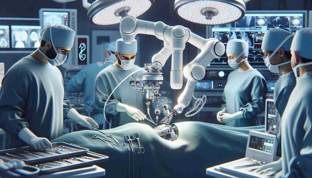 Create a highly detailed and realistic image in HD quality, showcasing surgical robots in action within a modern operating theatre. Please focus on the precision and intricacy of their movements. The scene should also indicate a multicultural collaboration by featuring a Middle-Eastern female surgeon and a Caucasian male surgeon closely observing the robotic assistance on a patient. The peripheral environment should showcase advanced medical monitoring systems and sterilized surgical tools.