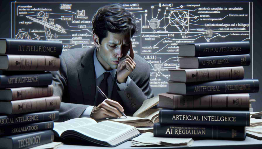 A high definition, realistic image of an unidentified U.S. political figure studying diligently, surrounded by books related to Artificial Intelligence, Technology laws and their regulations. They are gripping a pen with determination and focus, annotated diagrams and articles spread out before them. Their facial expression is contemplative and serious, showing their commitment towards understanding the complexities of AI regulation.